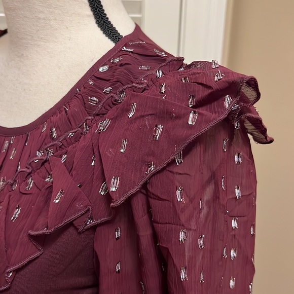 Loft Shimmer Dotted Ruffle Yoke Mixed Media Top in Crushed Blackberry, Size Med - Picture 10 of 17